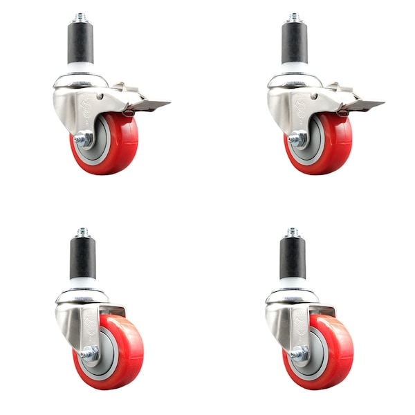 Service Caster 3 Inch 316SS Red Poly Swivel 1-1/4 Inch Expanding Stem Caster Lock Brake, 2PK SS316TTLEX20S314-PPUB-RED-2-S-2-114 - main